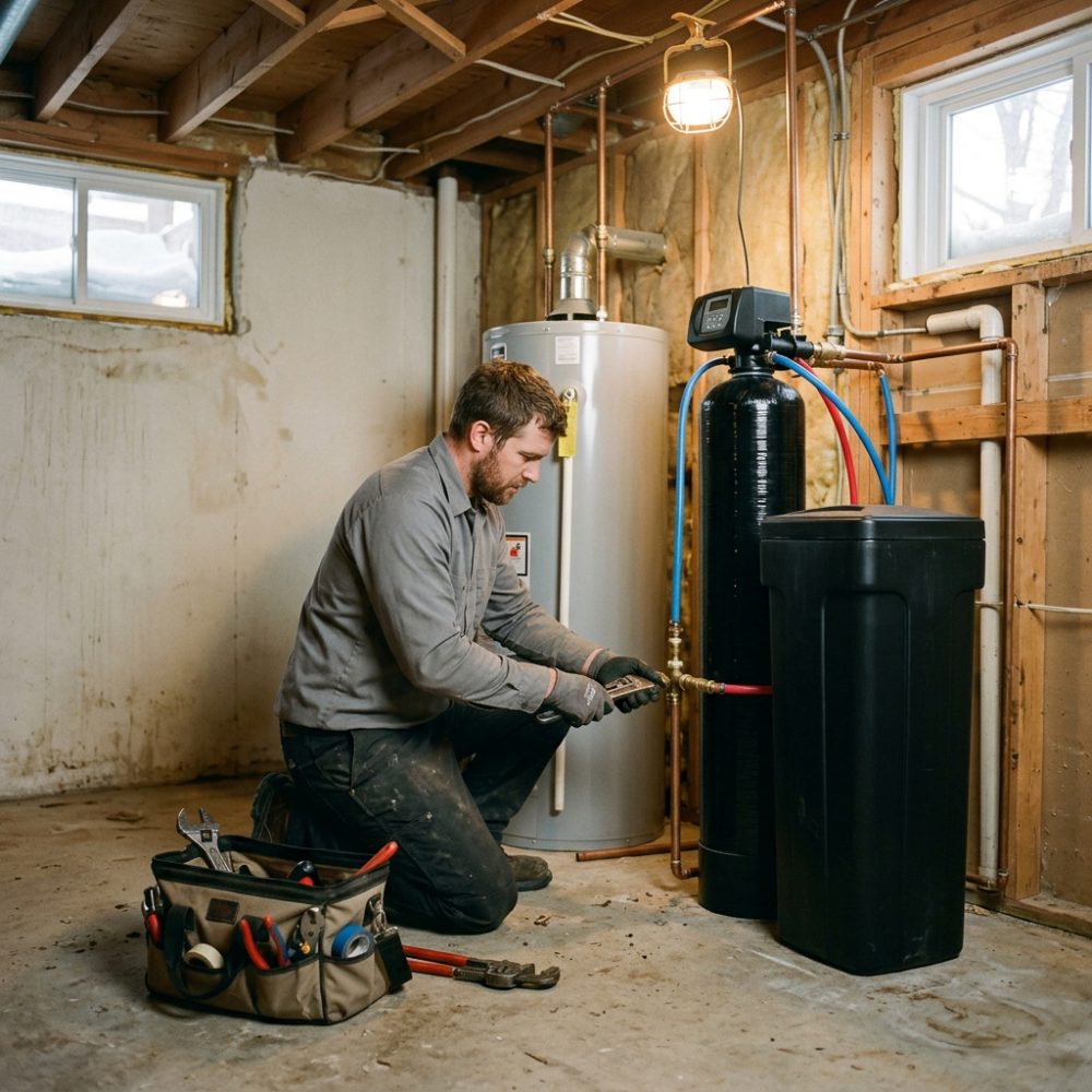 A plumber connecting the softener next to the water heater in a Winnipeg basement