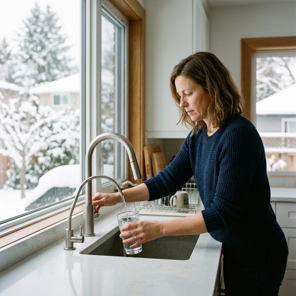 Filling a glass from the reverse osmosis faucet at a Winnipeg kitchen sink in winter
