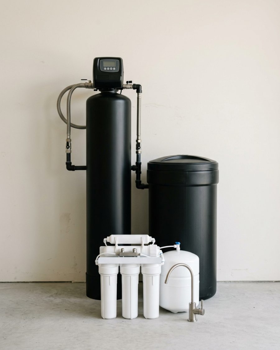 The whole-home system: softener tank, brine tank and under-sink reverse osmosis unit with its stainless drinking-water faucet
